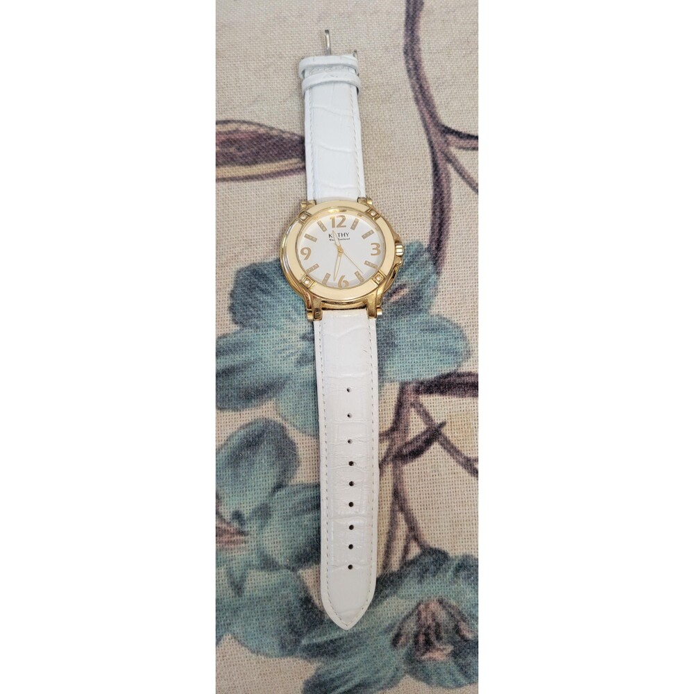 Kathy Van Zeeland Watch - Y2K Glam Gold Bezel & White Croc Leather Strap